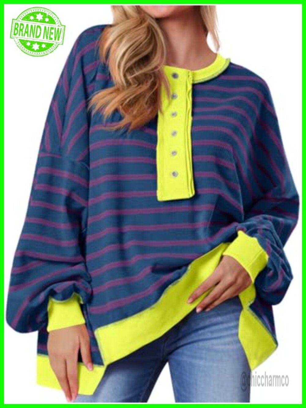 Oversized Waffle Knit Henley Sweatshirt Striped Pullover Top